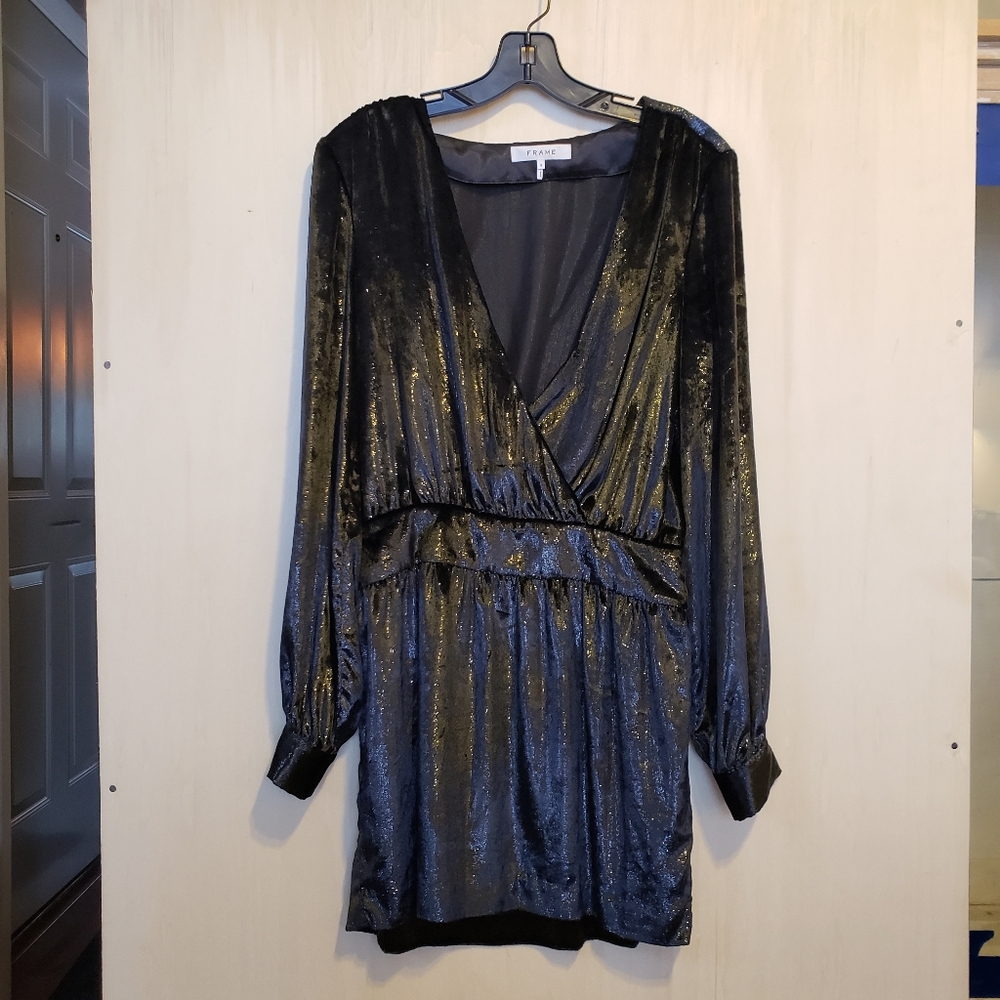 Frame Metallic Velvet Long-Sleeve Short Cocktail Dress - Size 4 - Picture 2 of 12